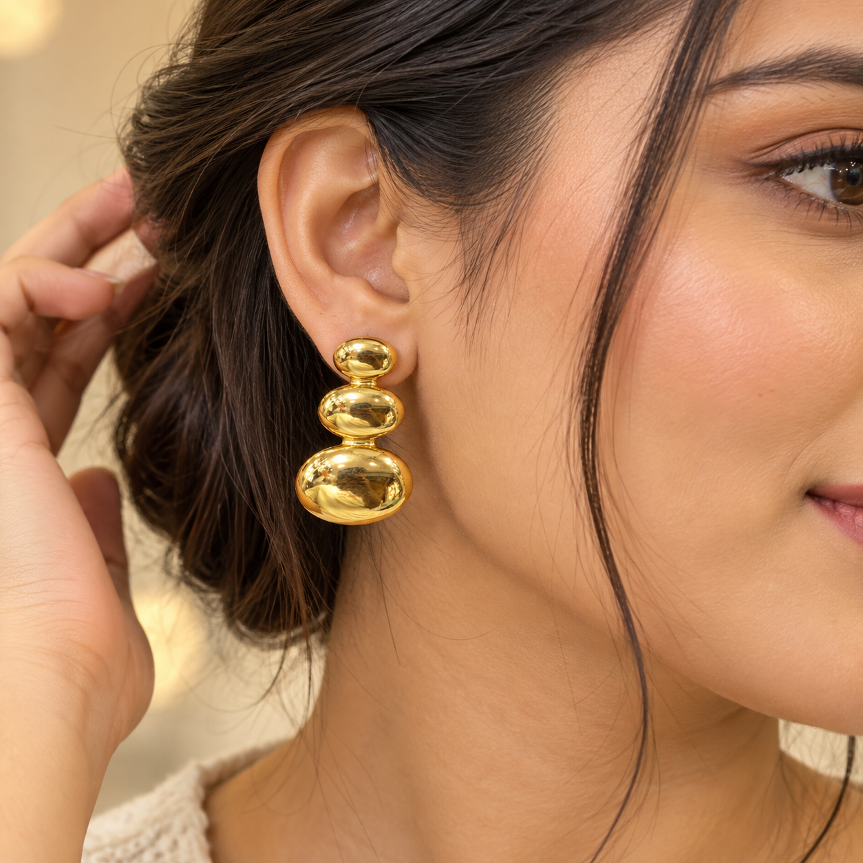 Golden Triple Orb Earrings - Image 2