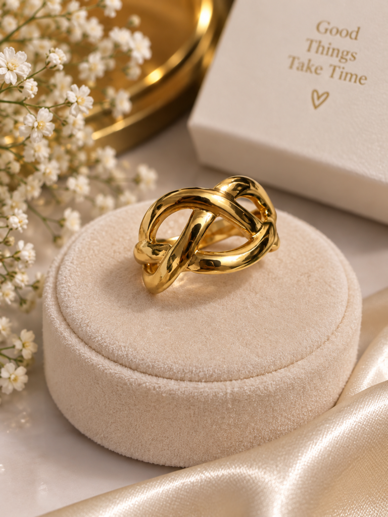 Golden Interwoven Knot Ring