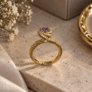 Golden Amethyst Halo Ring