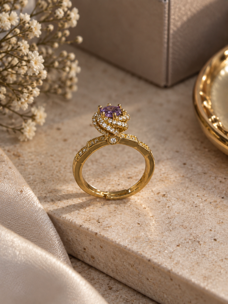 Golden Amethyst Halo Ring
