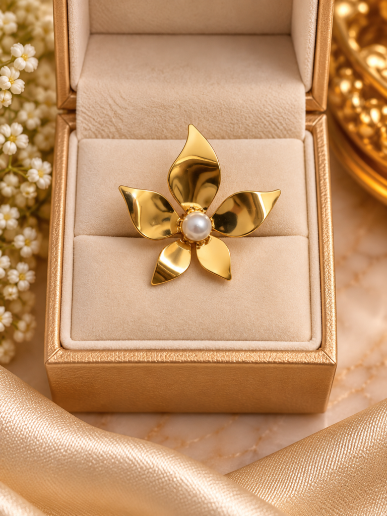 Golden Floral Pearl Statement Ring