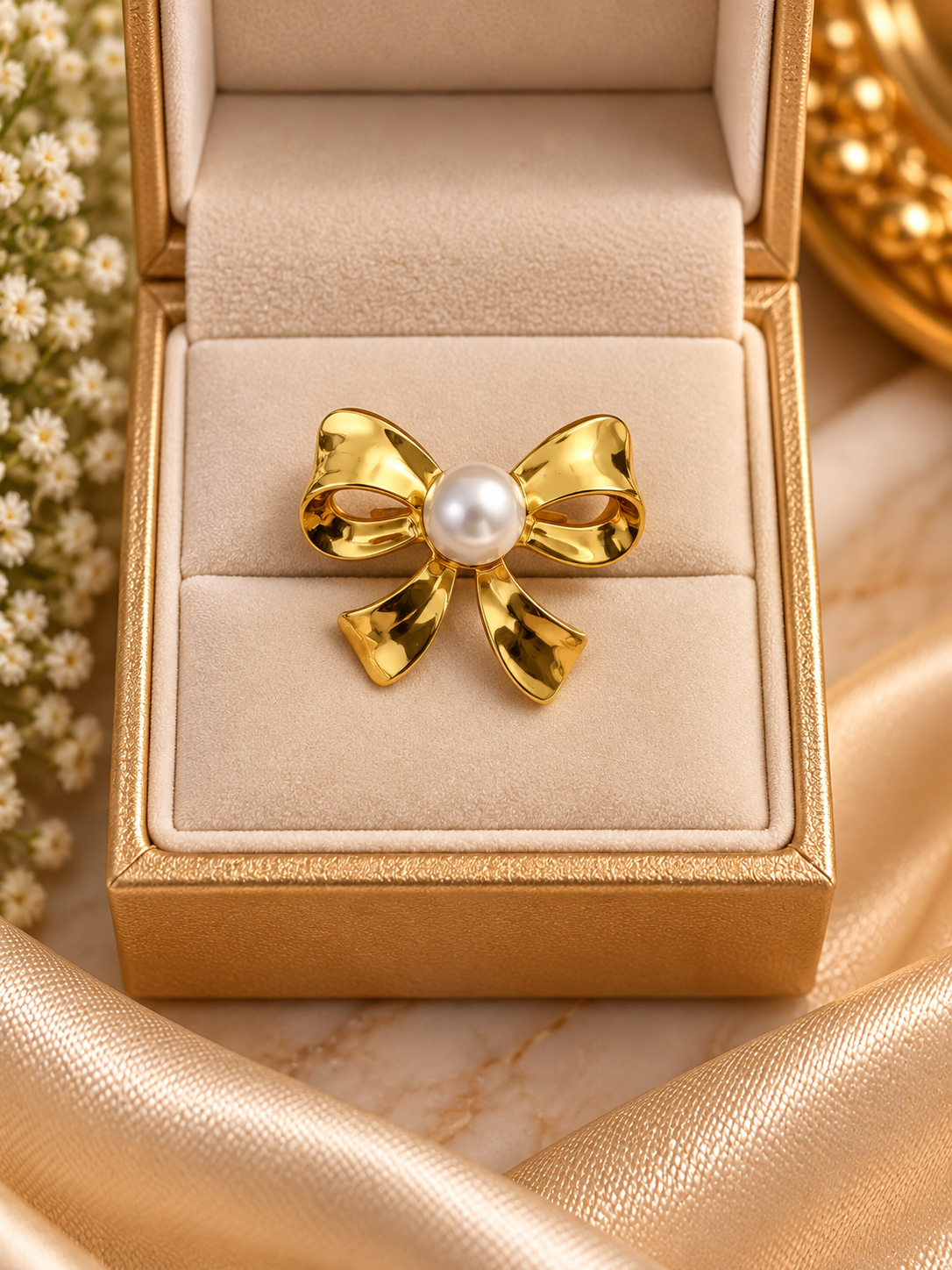 Golden Bow Pearl Statement Ring
